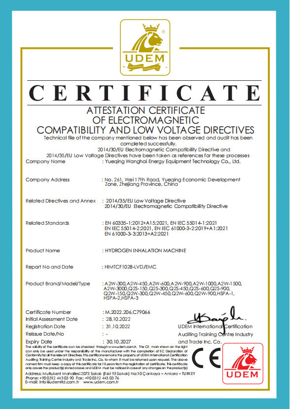 hydrogen inhalation machine certificate